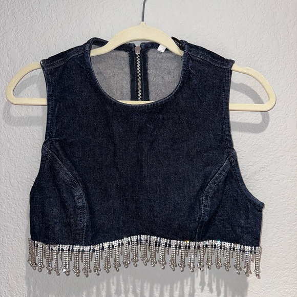 Black Denim Crop Top with Beaded Fringe - Picture 1 of 7